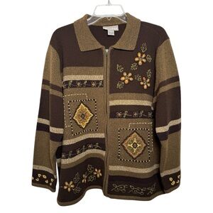 Vtg Granny Boho Floral Embroidered Cardigan Sweater Size XL Brown Tan Striped